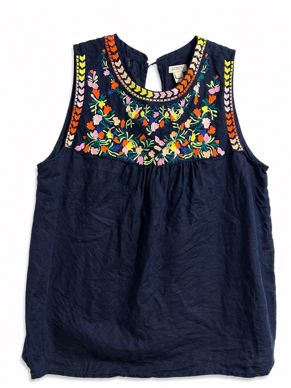 J.Crew Embroidered Navy Top Size 8 Boho Floral Sleeveless Blouse casual chic